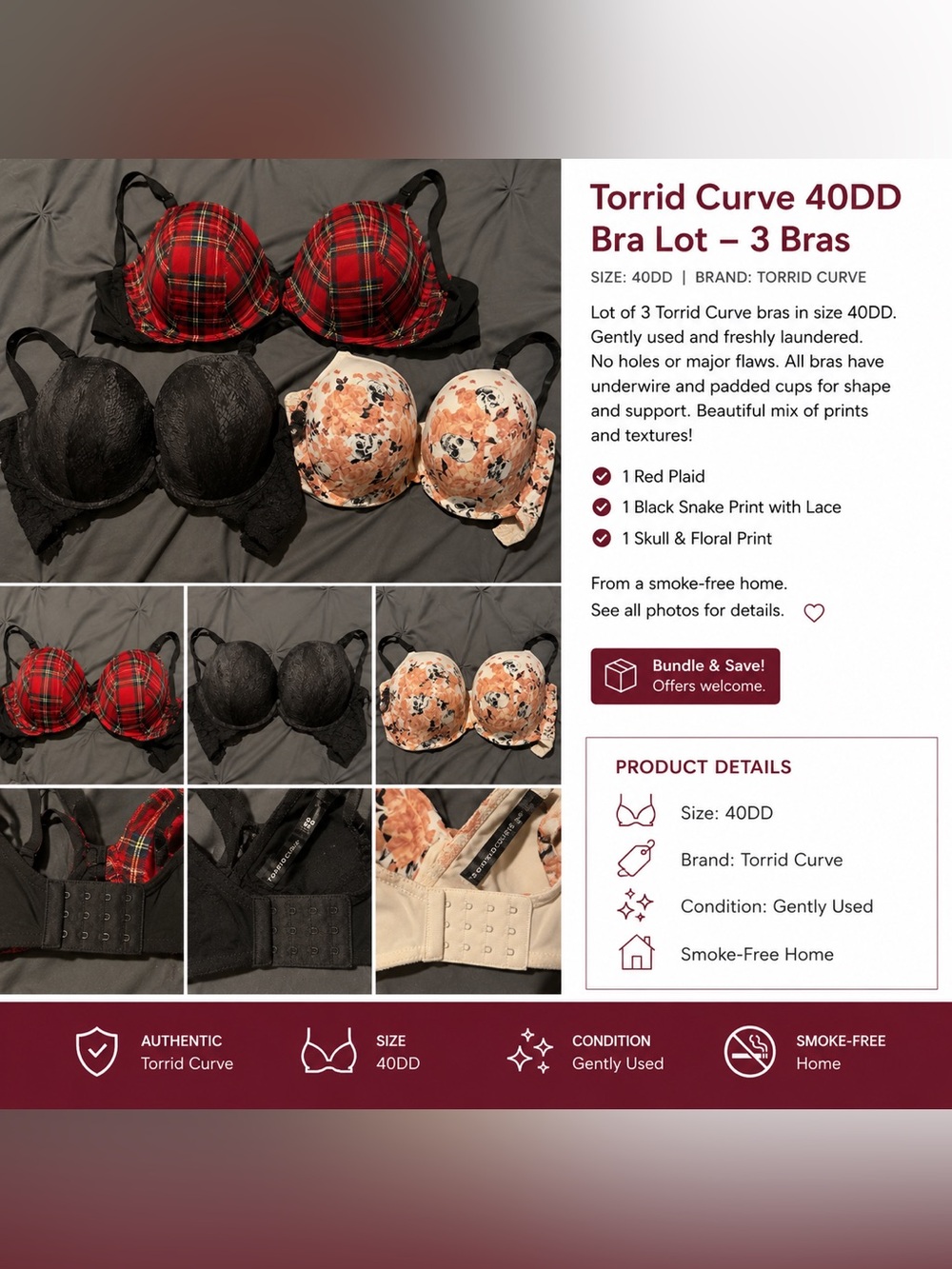 Torrid Curve 40DD Bra Lot of 3 Red Plaid Black Snake Print Skull Floral